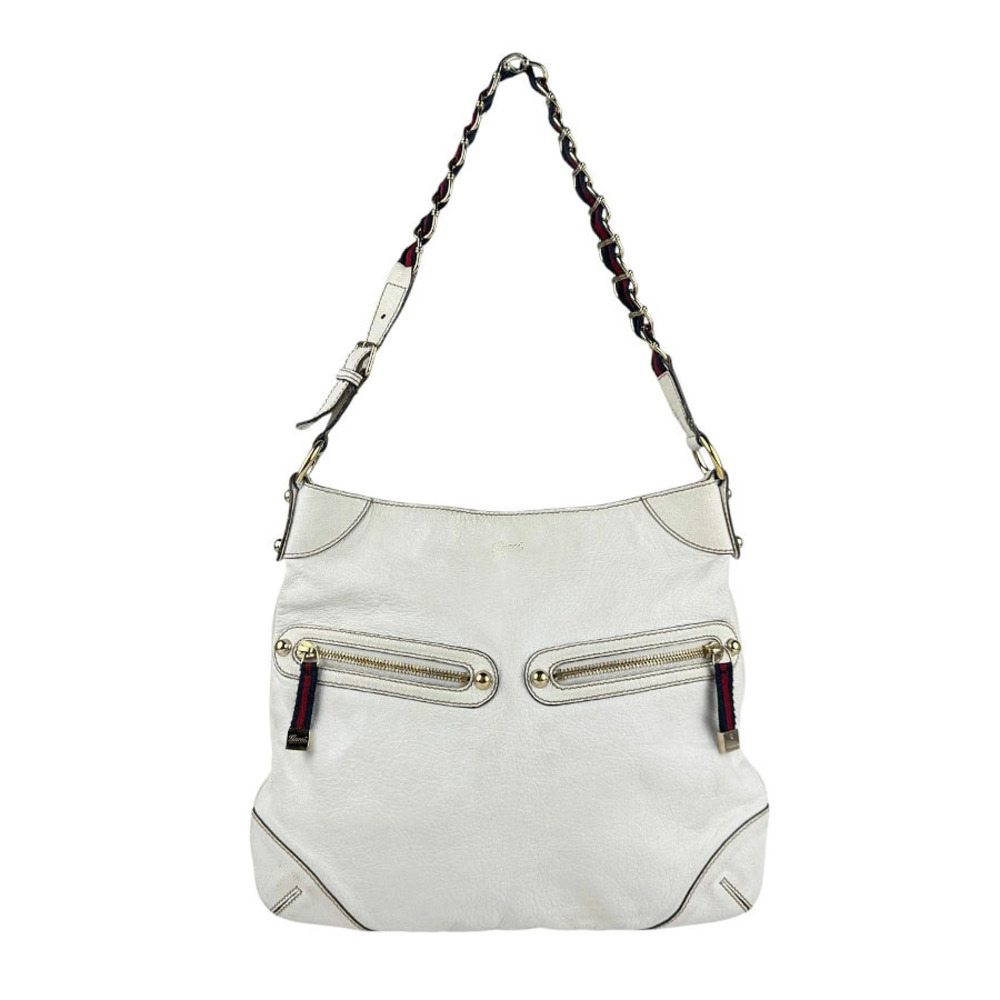 Gucci Web Chain Pocket Leather Hobo Shoulder Bag White